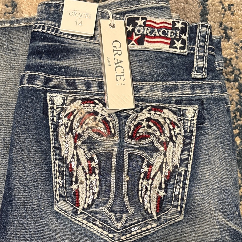 Grace in LA Women's Dark Blue Jeans with Red and Silver Embellishments
